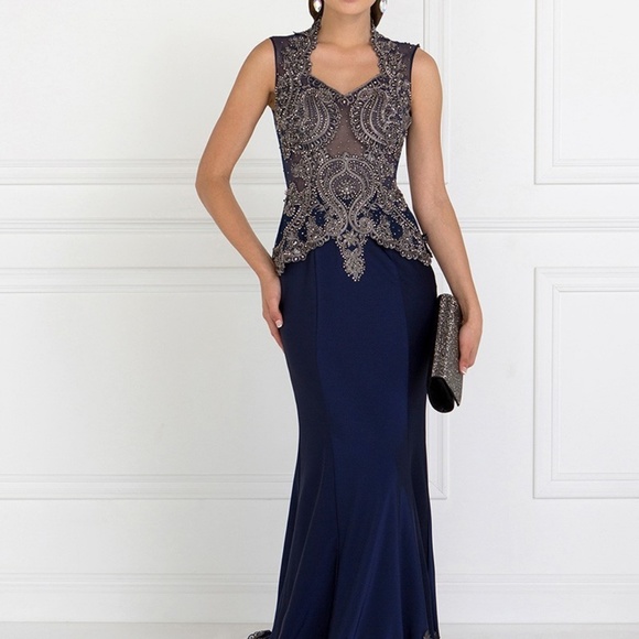 MOTHER OF THE BRIDE LONG GOWN DRESS GLS1598 NAVY - Picture 7 of 7